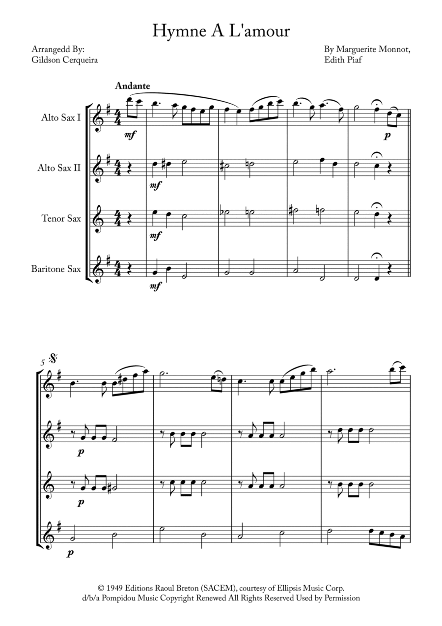 Hymne A L'amour Saxophone Quartet scores gallery preview page 1