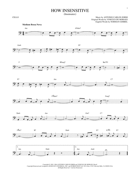 How Insensitive (Insensatez) by Antonio Carlos Jobim Cello Solo - Digital Sheet Music