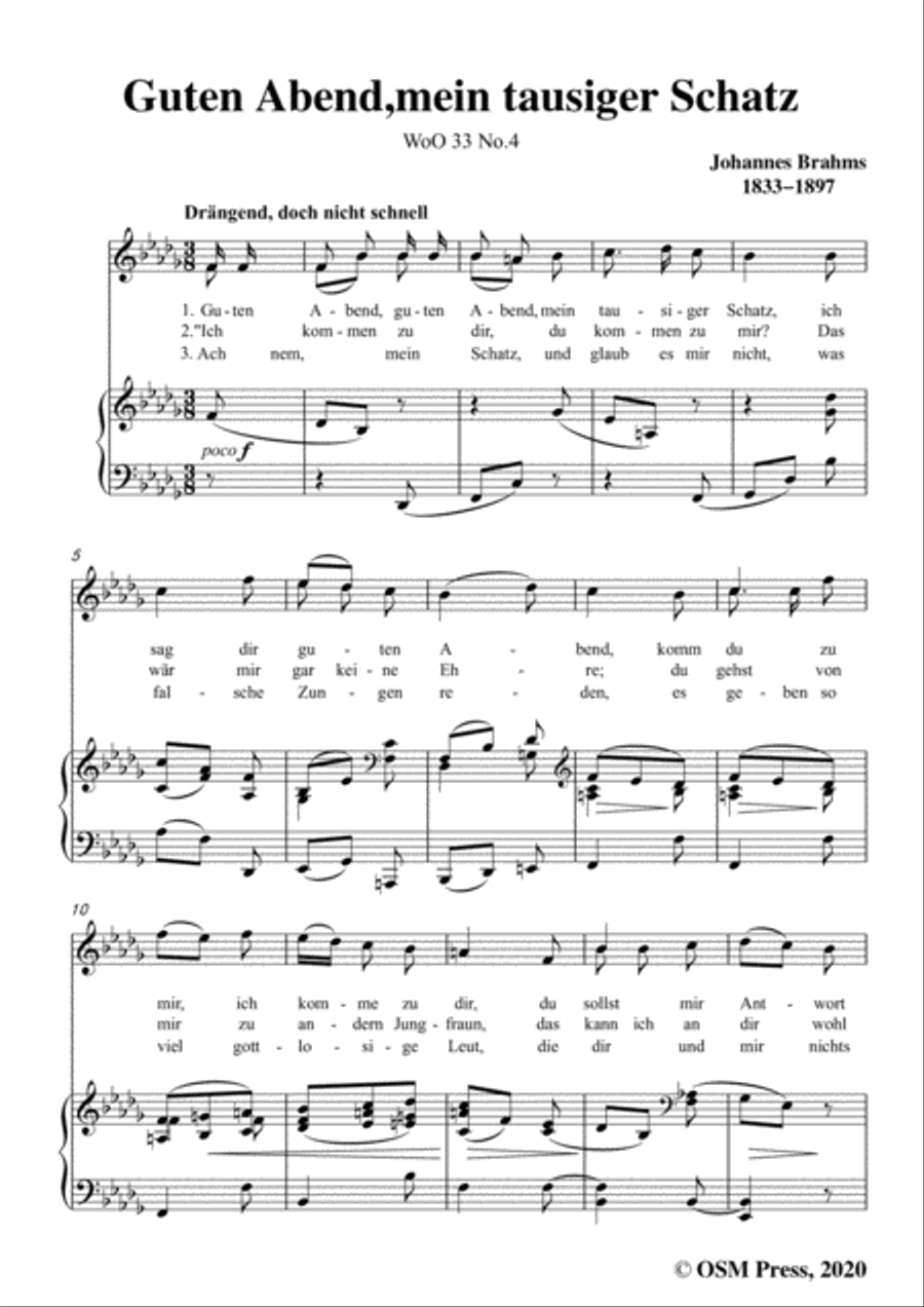 Brahms-Guten Abend,mein tausiger Schatz,WoO 33 No.4,in b flat minor,for Voice&Pno Voice scores gallery preview page 3