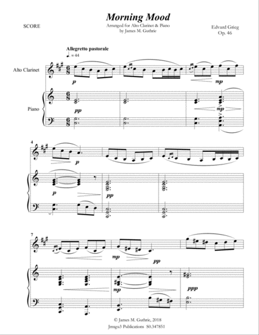 Grieg: Morning Mood from Peer Gynt Suite for Alto Clarinet & Piano E-Flat Clarinet scores gallery preview page 2