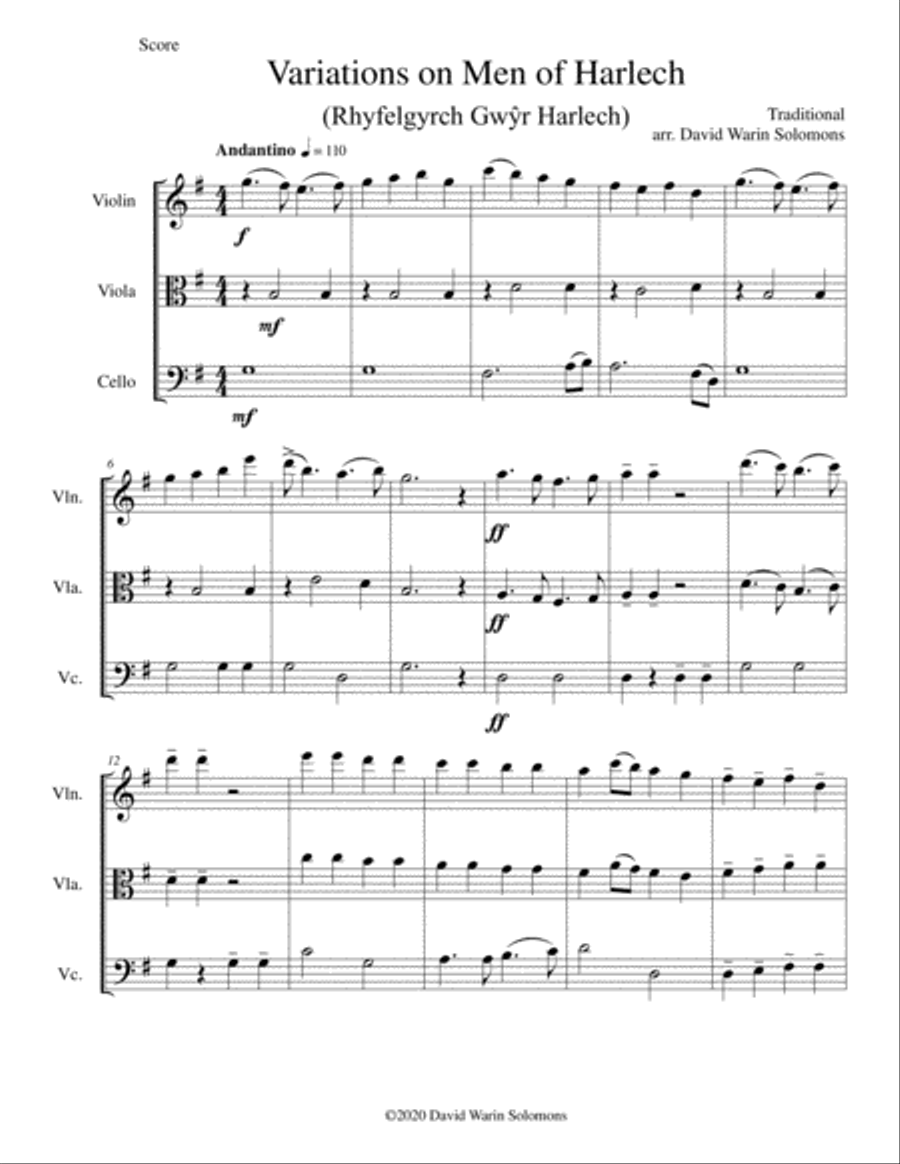 Variations on Men of Harlech (Rhyfelgyrch Gwŷr Harlech ) arrangement for string trio String Trio scores gallery preview page 1