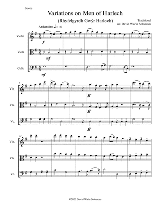 Variations on Men of Harlech (Rhyfelgyrch Gwŷr Harlech ) arrangement for string trio