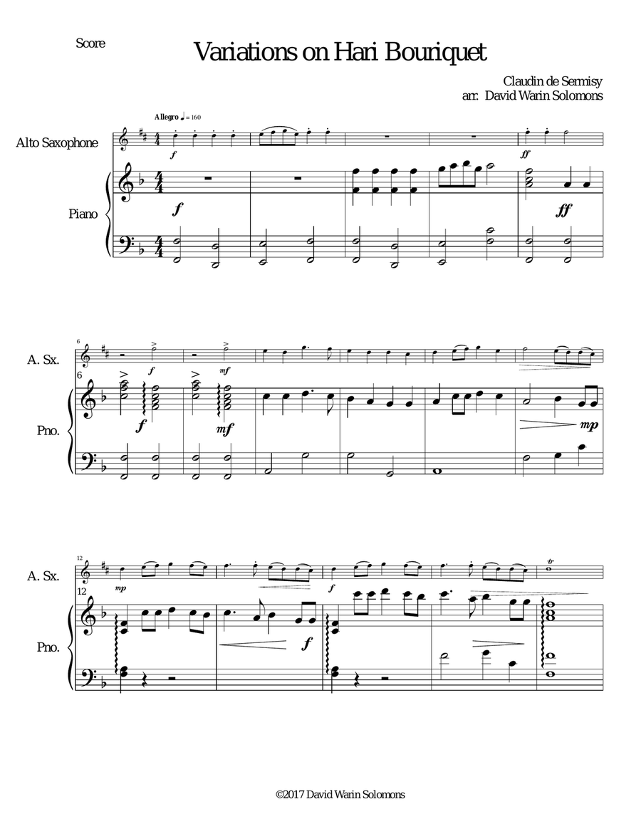 Variations on Hari Bouriquet (Hee-Haw little donkey) for alto saxophone and piano Alto Saxophone scores gallery preview page 1