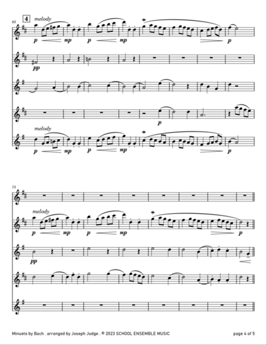 Minuets by Bach for Saxophone Quartet in Schools Saxophone Quartet scores gallery preview page 4