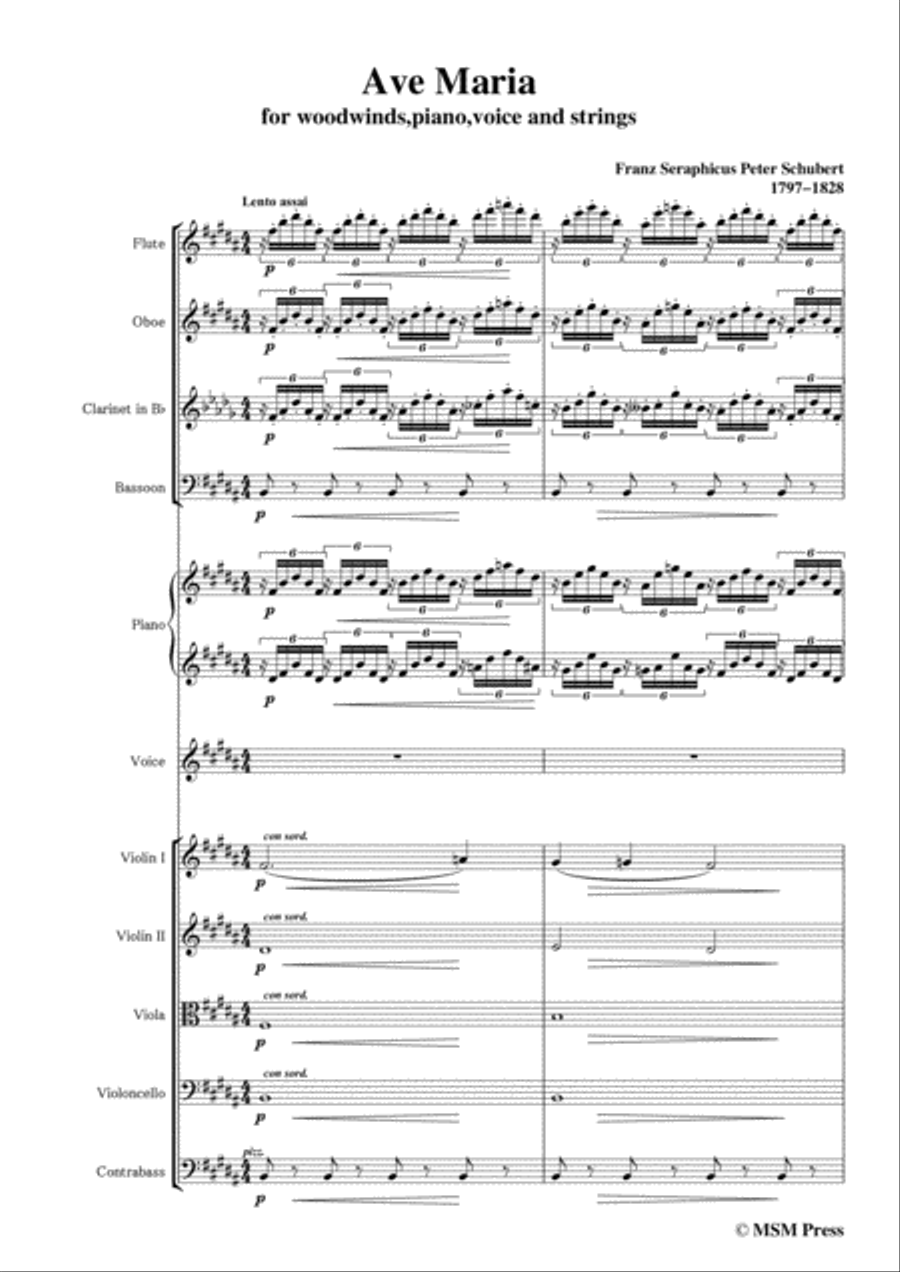 Schubert-Ave Maria in B Major,for woodwinds,piano,voice and strings Voice scores gallery preview page 3