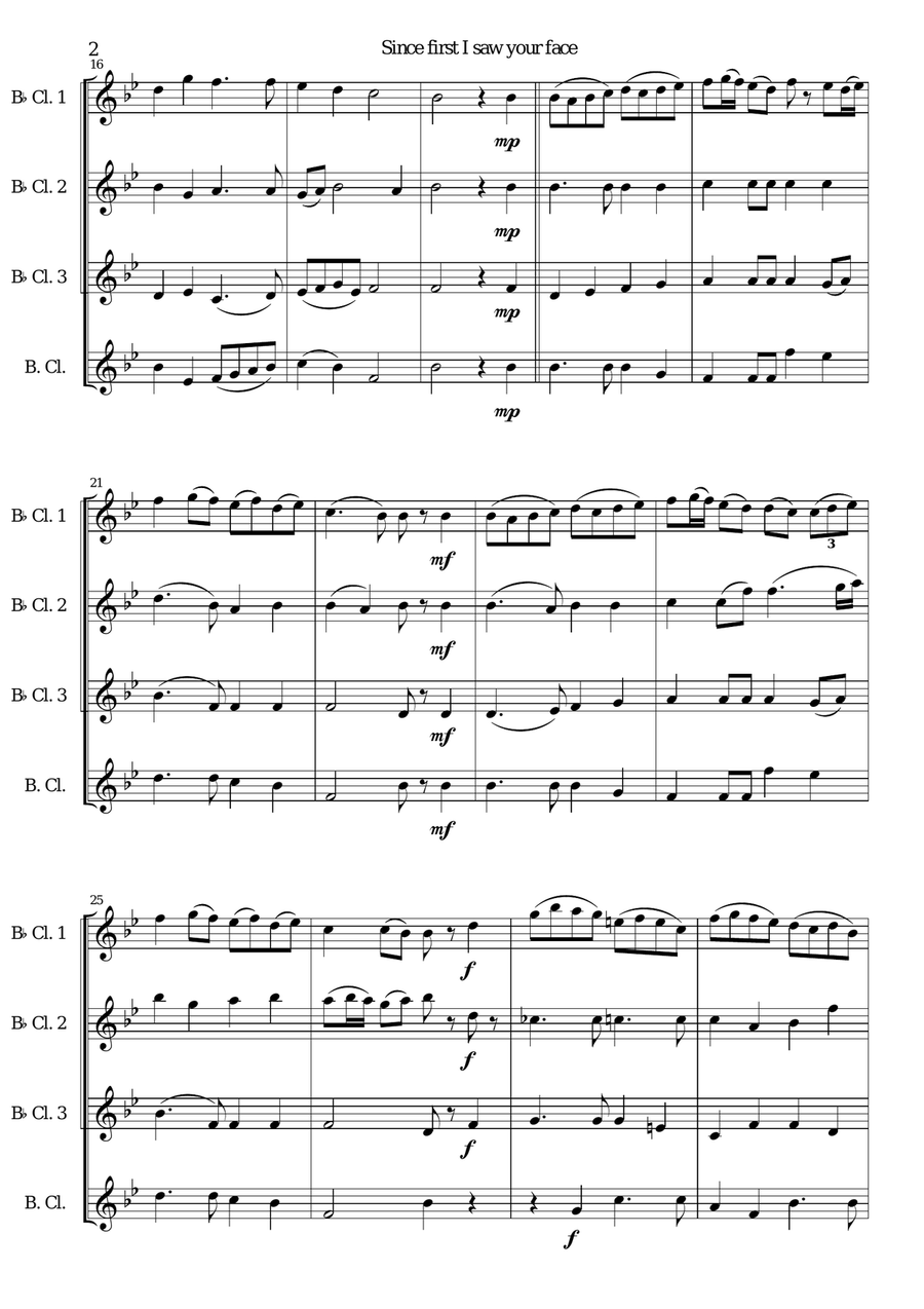 Since first I saw your face (with variations) for clarinet quartet (3 b-flats and 1 bass) Clarinet Quartet scores gallery preview page 2