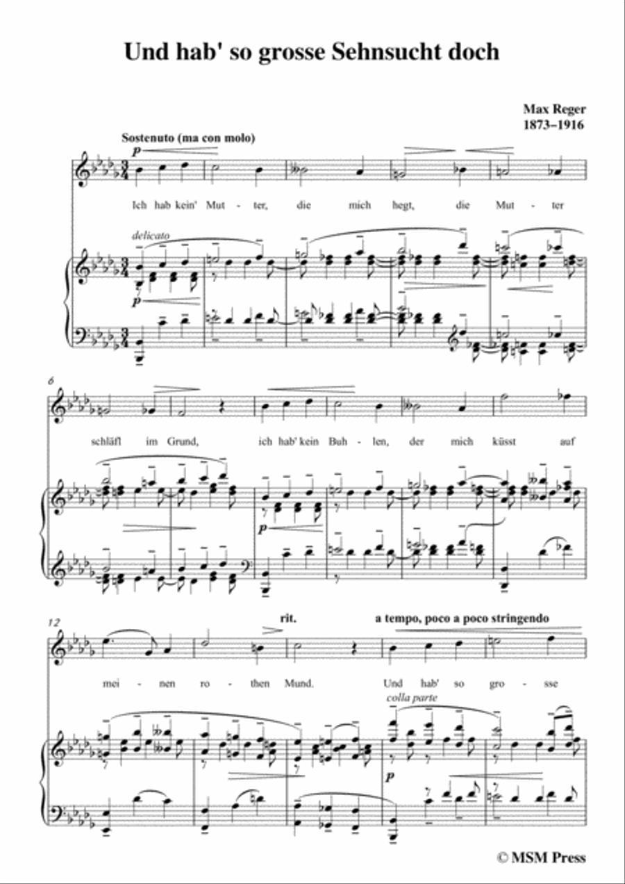 Reger-Und hab' so grosse Sehnsucht doch in b flat minor,for Voice and Piano Voice Solo scores gallery preview page 3