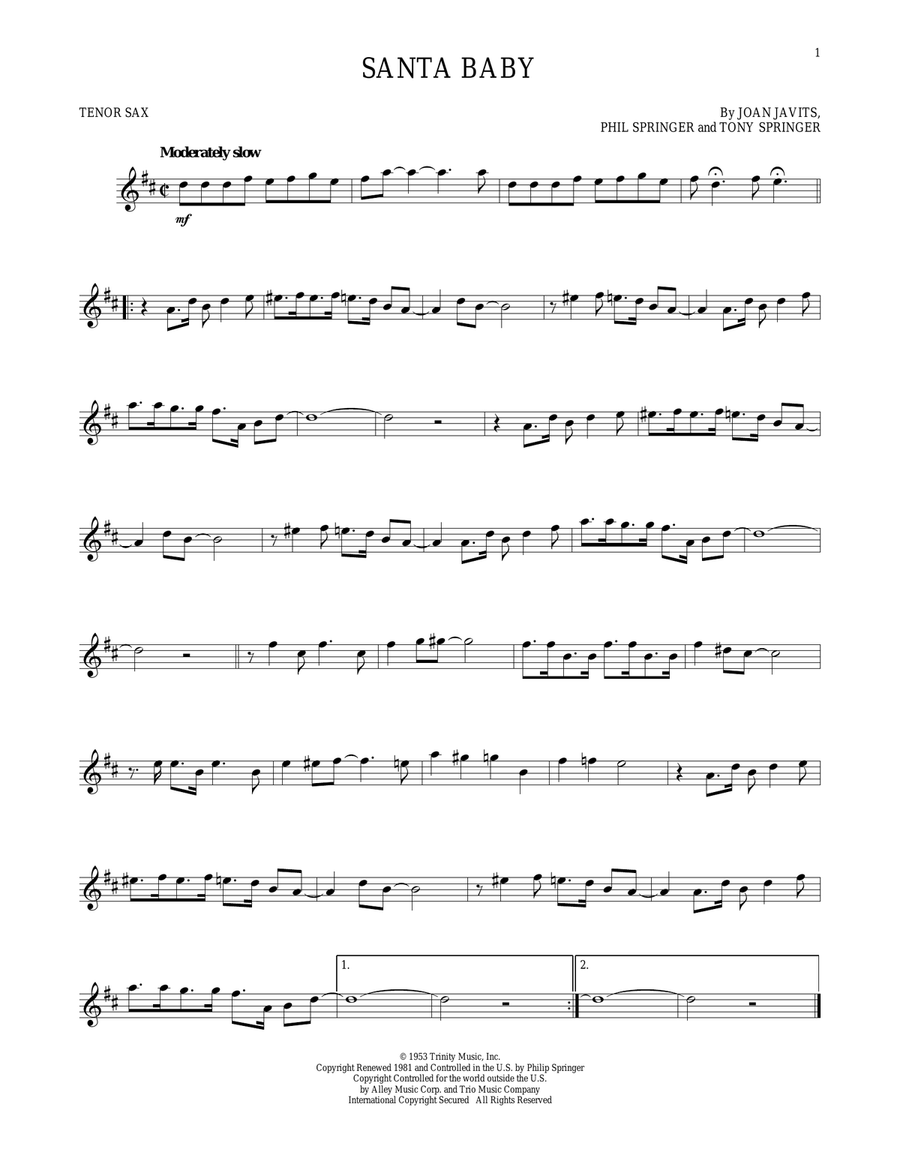 Santa Baby Santa Baby Tenor Saxophone scores gallery preview page 1