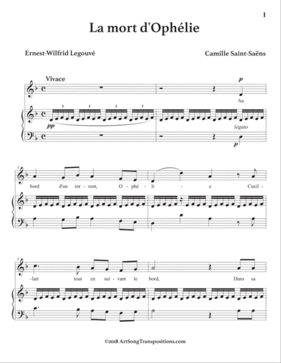 SAINT-SAËNS: La mort d'Ophélie (transposed to D minor) Voice scores gallery preview page 2