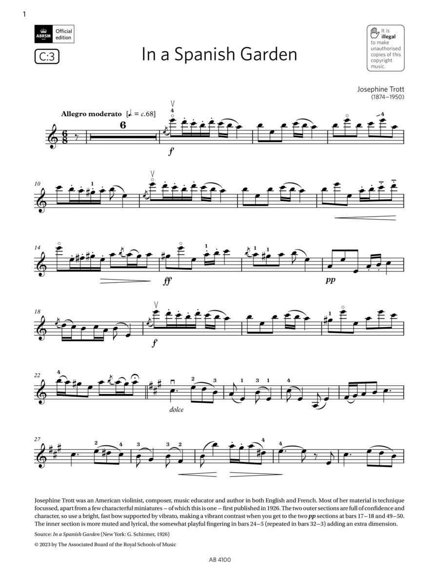 In a Spanish Garden (Grade 6, C3, from the ABRSM Violin Syllabus from 2024) Violin Solo scores gallery preview page 1
