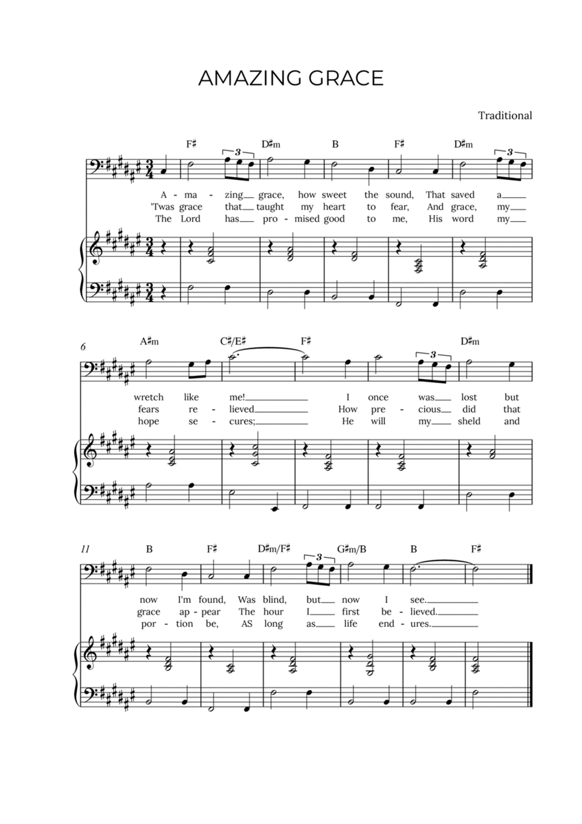 AMAZING GRACE - for piano and baritone in F# major with chords image number null