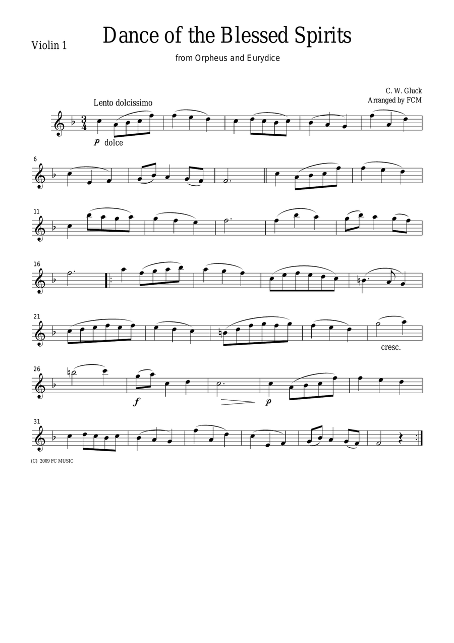 Gluck Dance of the Blessed Spirits from Orpheus and Eurydice, for string quartet, CG301 String Quartet scores gallery preview page 1