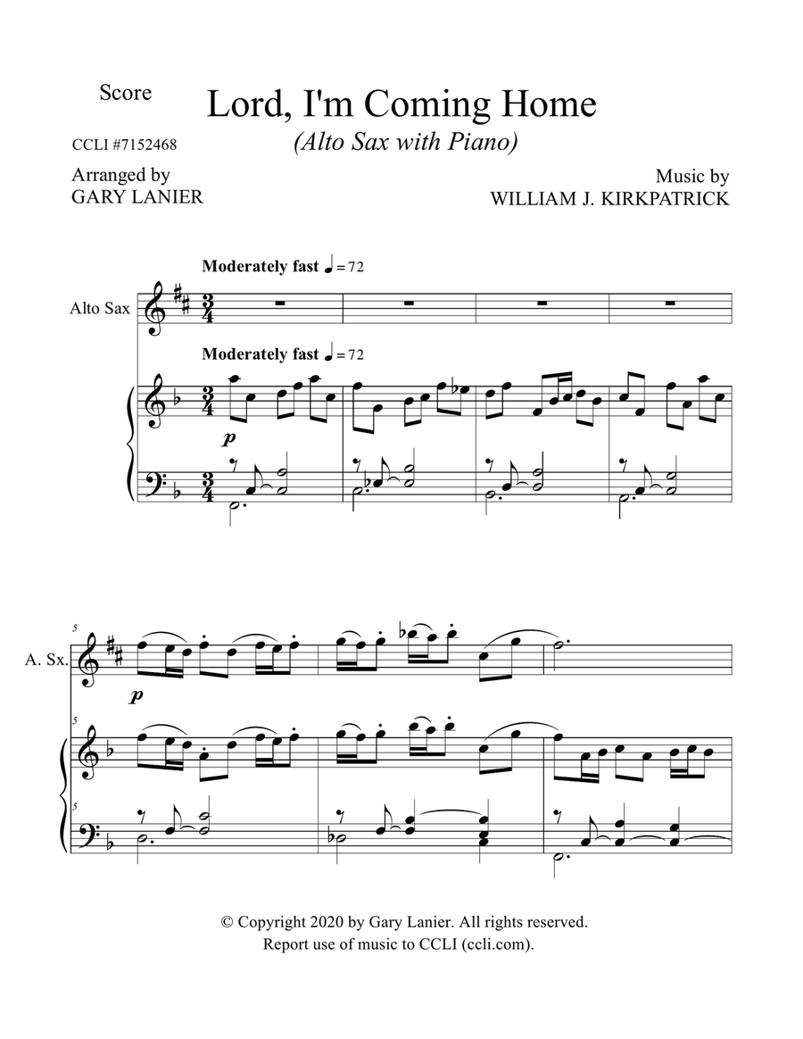 LORD, I'M COMING HOME (for Alto Sax and Piano with Score/Part) image number null