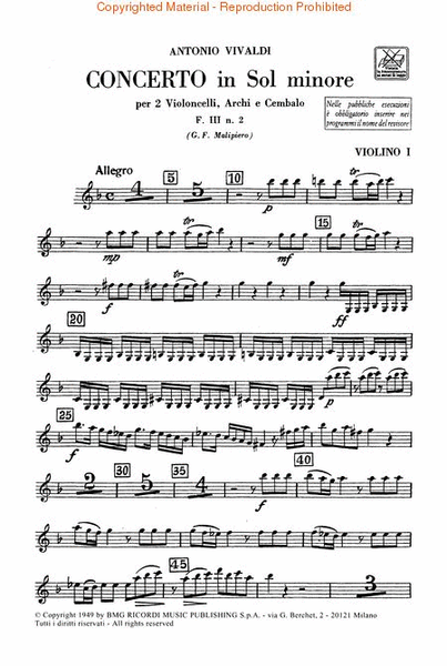 Concerto in G Minor for 2 Violoncellos Strings and Basso Continuo RV531