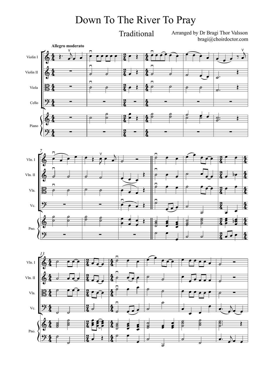 Down To The River To Pray - String Quartet with optional Piano accompaniment - score and parts String Quartet scores gallery preview page 2