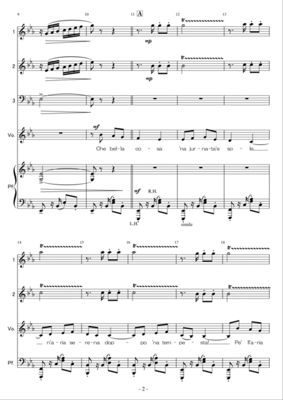 <Flex Piano Quartet and Vocal > 'O sole mio for Low Voice (Key:Eb) <Flex Piano Quartet and Vocal > 'O sole mio for Low Voice (Key:Eb) Large Ensemble scores gallery preview page 2