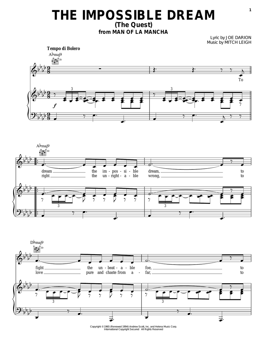 The Impossible Dream (The Quest) Piano, Vocal, Guitar scores gallery preview page 1