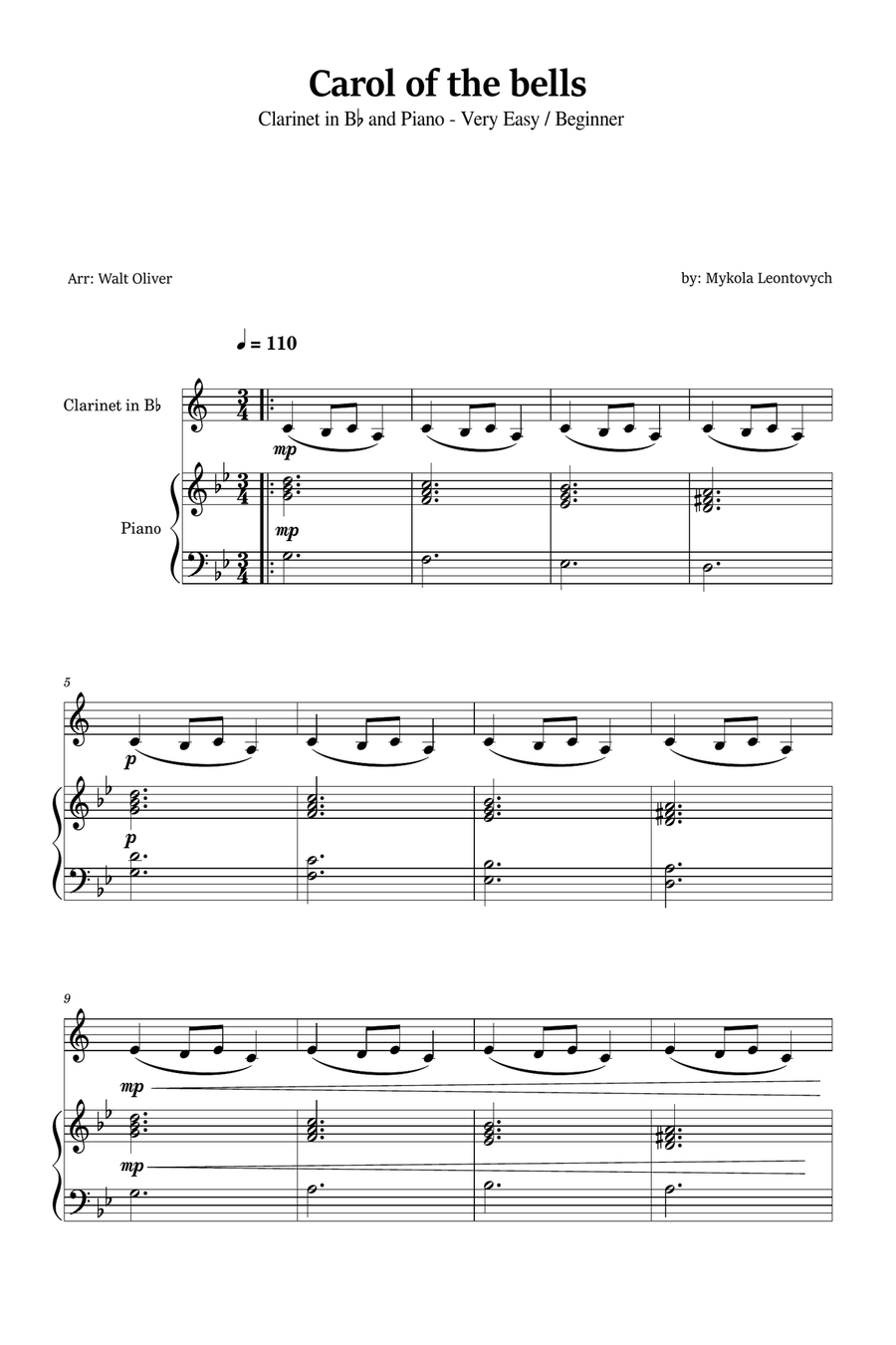 Carol of the Bells for Bb Clarinet and Piano (Very Easy - Beginner) B-Flat Clarinet scores gallery preview page 1