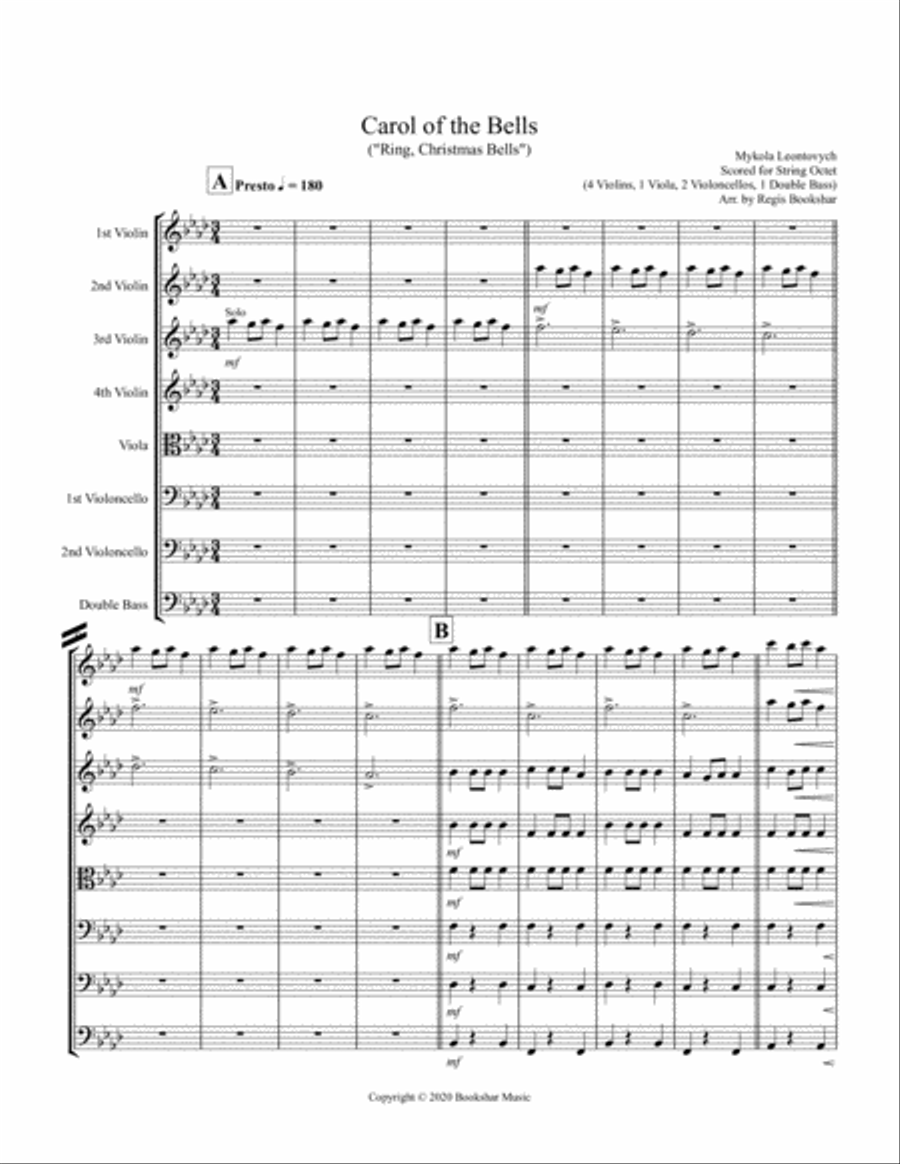 Carol of the Bells (F min) (String Octet - 4 Violin, 1 Viola, 2 Cello, 1 Bass) Cello scores gallery preview page 1