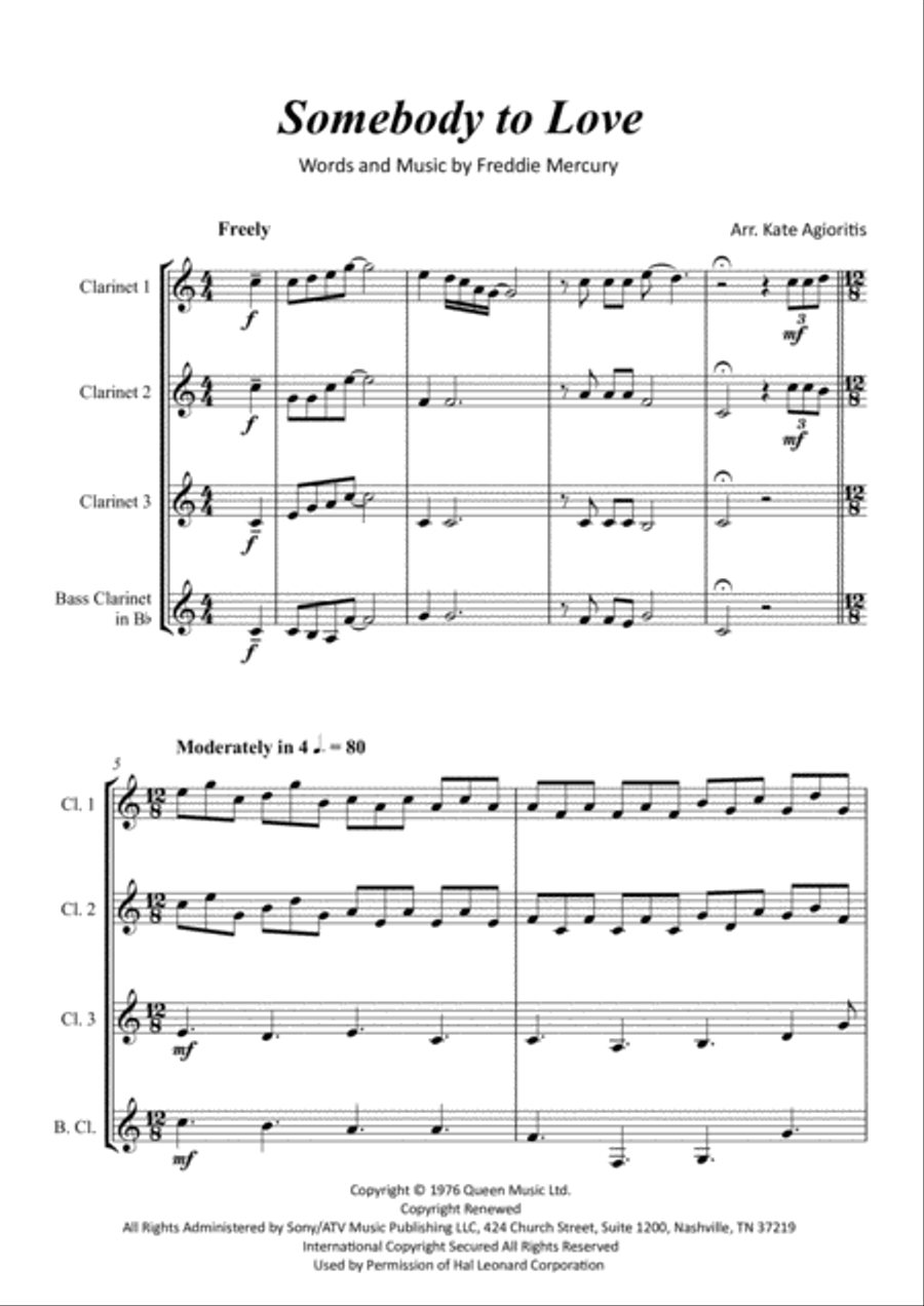 Somebody To Love Somebody To Love Clarinet Quartet scores gallery preview page 2