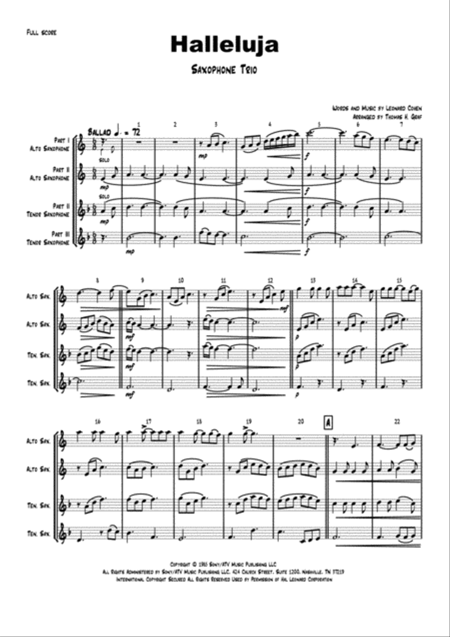 Hallelujah Woodwind Trio scores gallery preview page 1