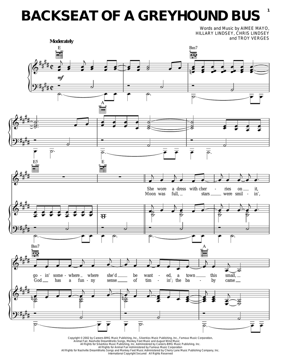 Backseat Of A Greyhound Bus Piano, Vocal, Guitar scores gallery preview page 1