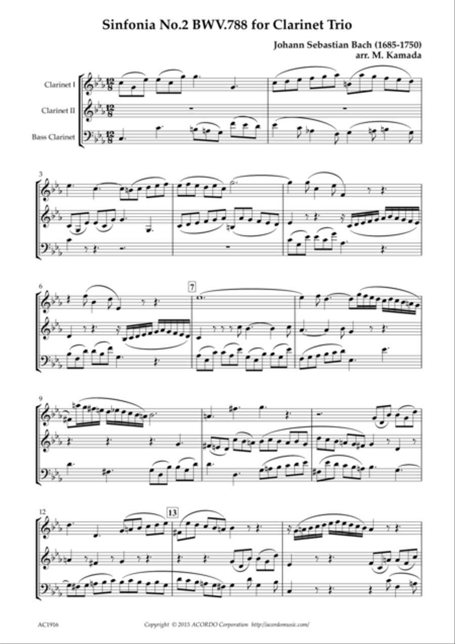 Sinfonia No.2 BWV.788 for Clarinet Trio Clarinet Trio scores gallery preview page 1