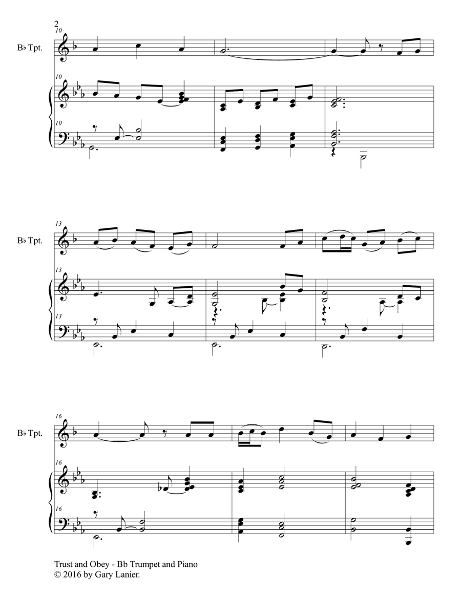 Gary Lanier: TRUST AND OBEY (Duet – Bb Trumpet & Piano with Parts) Trumpet Duet scores gallery preview page 3