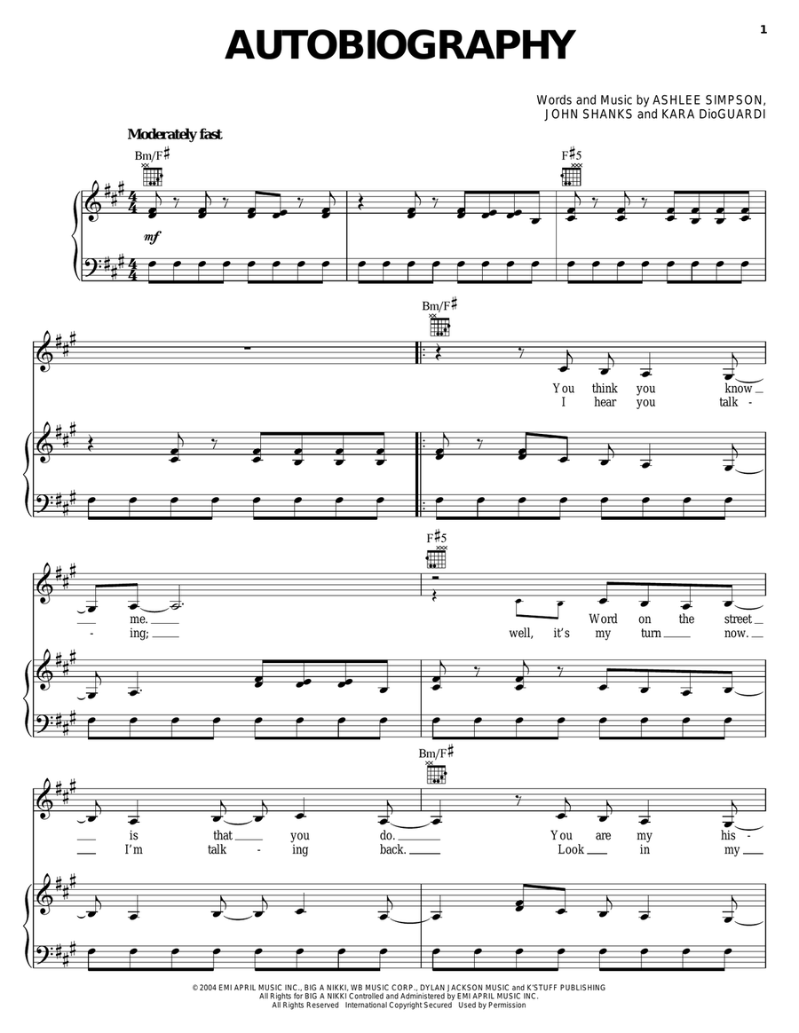Autobiography Piano, Vocal, Guitar scores gallery preview page 1