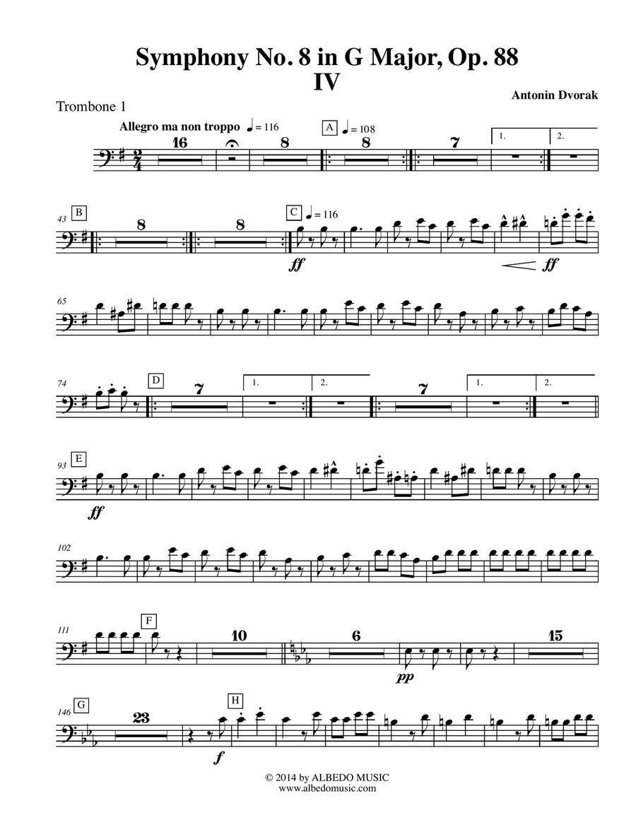 Dvorak Symphony No. 8, Movement IV - Trombone in Bass Clef 1 (Transposed Part), Op. 88 Trombone Solo scores gallery preview page 1
