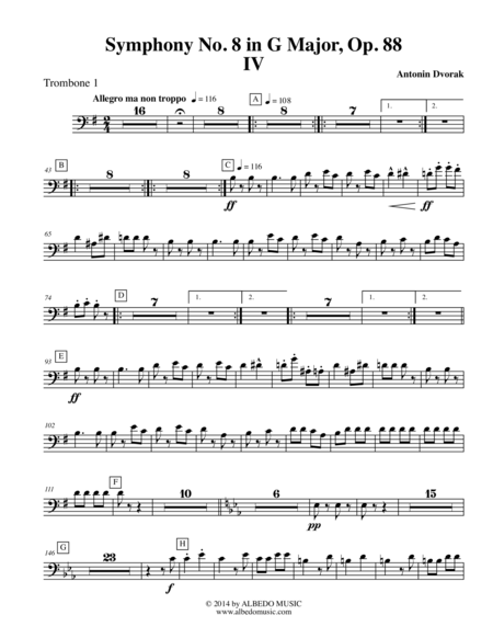 Dvorak Symphony No. 8, Movement IV - Trombone in Bass Clef 1 (Transposed Part), Op. 88