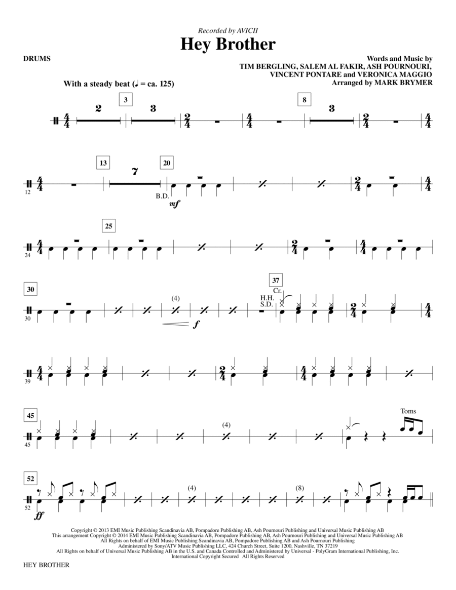 Hey Brother - Drums Hey Brother - Drums Choir scores gallery preview page 1
