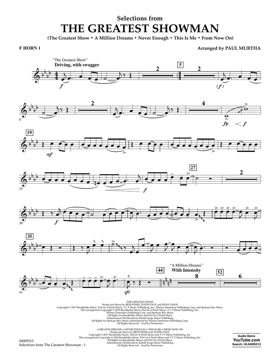 Selections from The Greatest Showman (arr. Paul Murtha) - F Horn 1 Concert Band scores gallery preview page 1