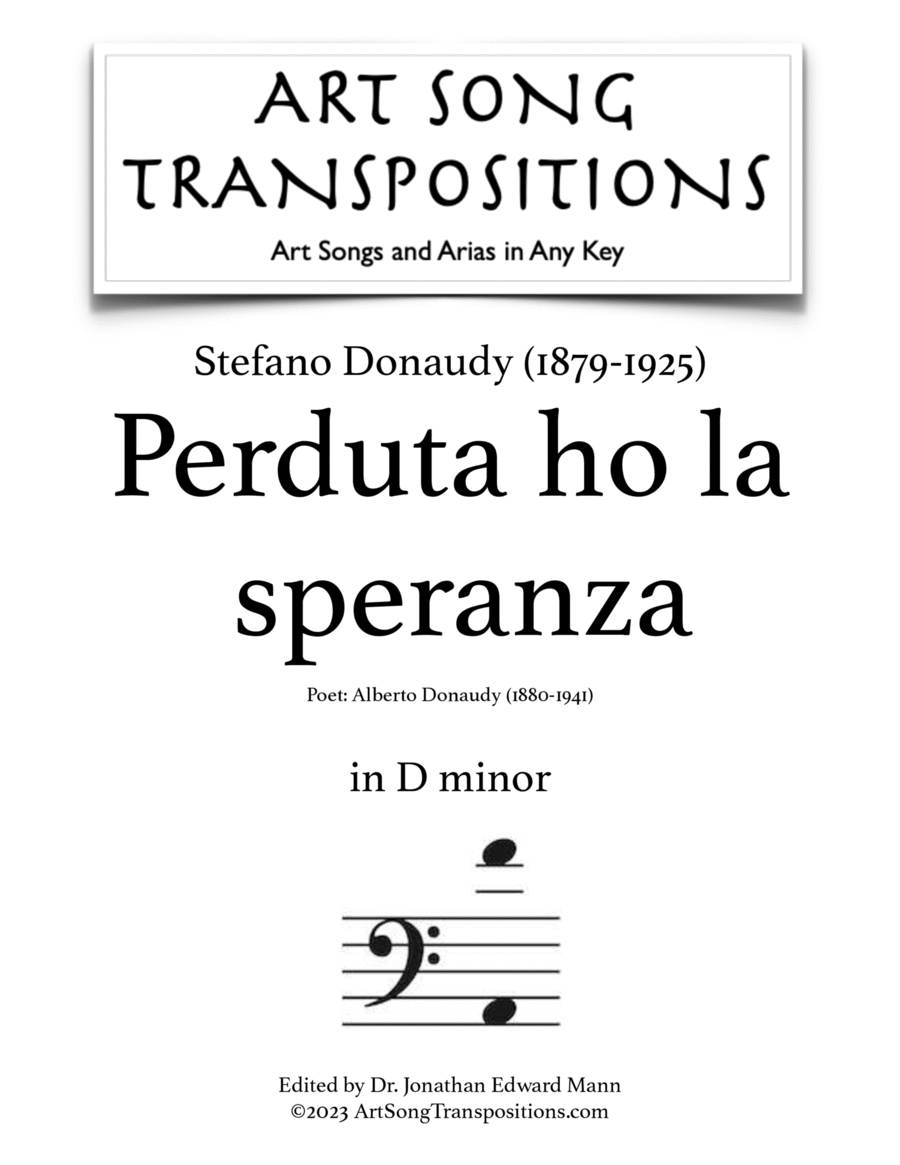 DONAUDY: Perduta ho la speranza (transposed to D minor, bass clef)