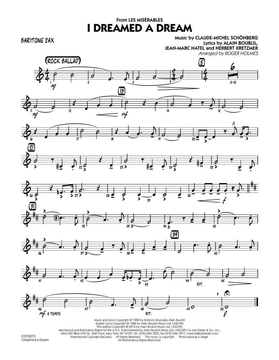 I Dreamed a Dream (from Les Miserables) - Baritone Sax Jazz Ensemble scores gallery preview page 1