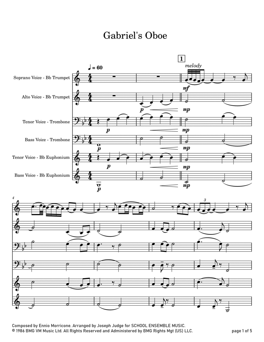 Gabriel's Oboe Gabriel's Oboe Brass Quartet scores gallery preview page 1