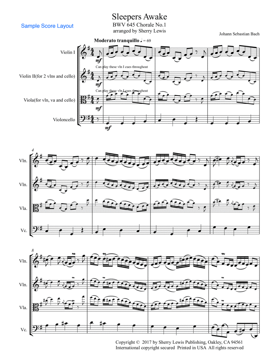 SLEEPERS AWAKE BWV 645 Chorale No.1 String Trio, Intermediate Level for 2 violins and cello or violi Cello scores gallery preview page 1
