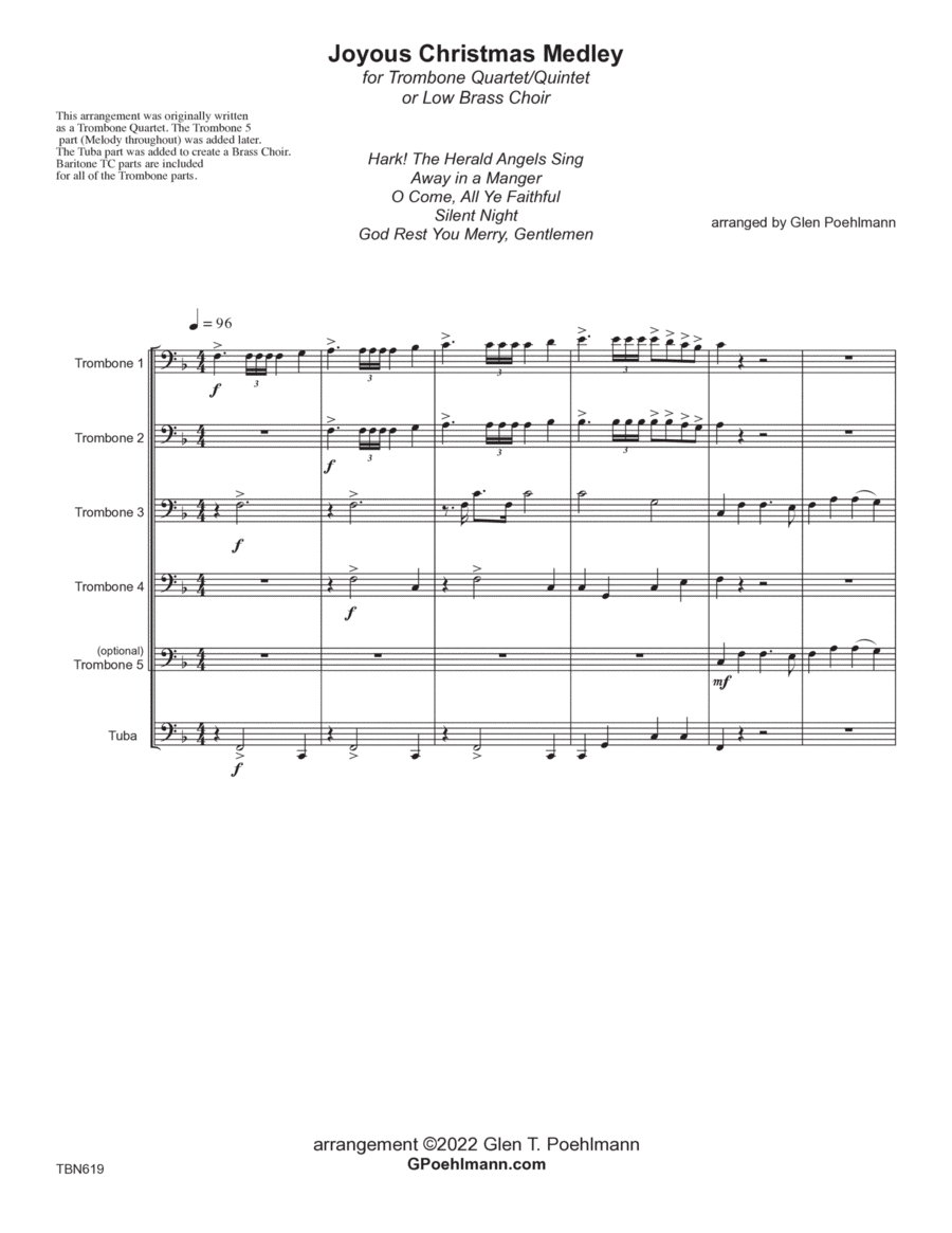 JOYOUS CHRISTMAS MEDLEY - Trombone Quartet/Quintet or Low Brass Ensemble Brass Ensemble scores gallery preview page 1