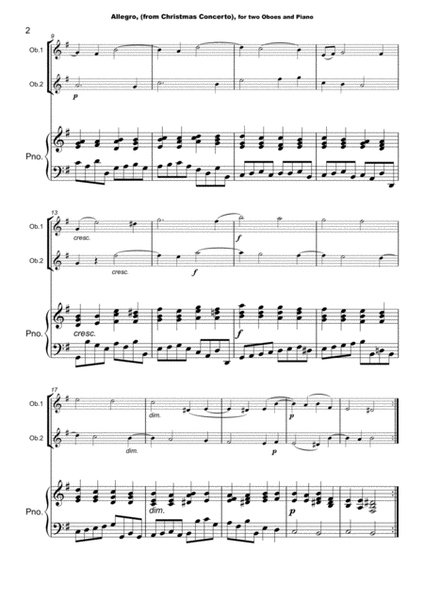 Christmas Concerto, Allegro, by Corelli; for Oboe Duet or Solo, with optional Piano