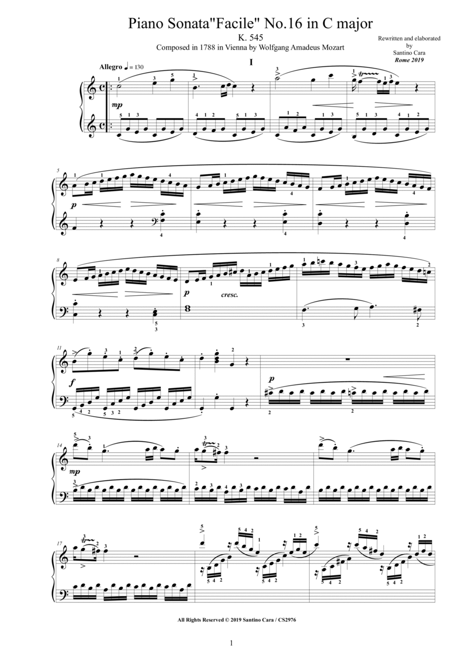 Mozart - Piano Sonata 'Facile' No.16 in C major K 545 - Complete score Easy Piano scores gallery preview page 1