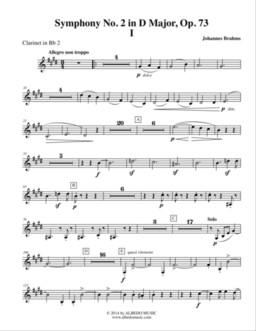 Brahms Symphony No. 2, Movement I - Clarinet in Bb 2 (Transposed Part), Op. 73 B-Flat Clarinet scores gallery preview page 1