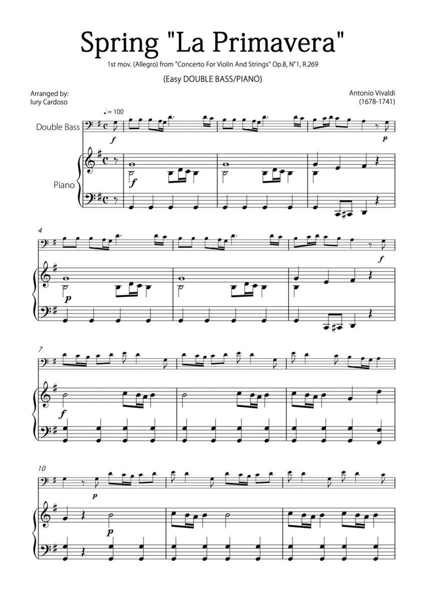 "Spring" (La Primavera) by Vivaldi - Easy version for DOUBLE BASS & PIANO image number null
