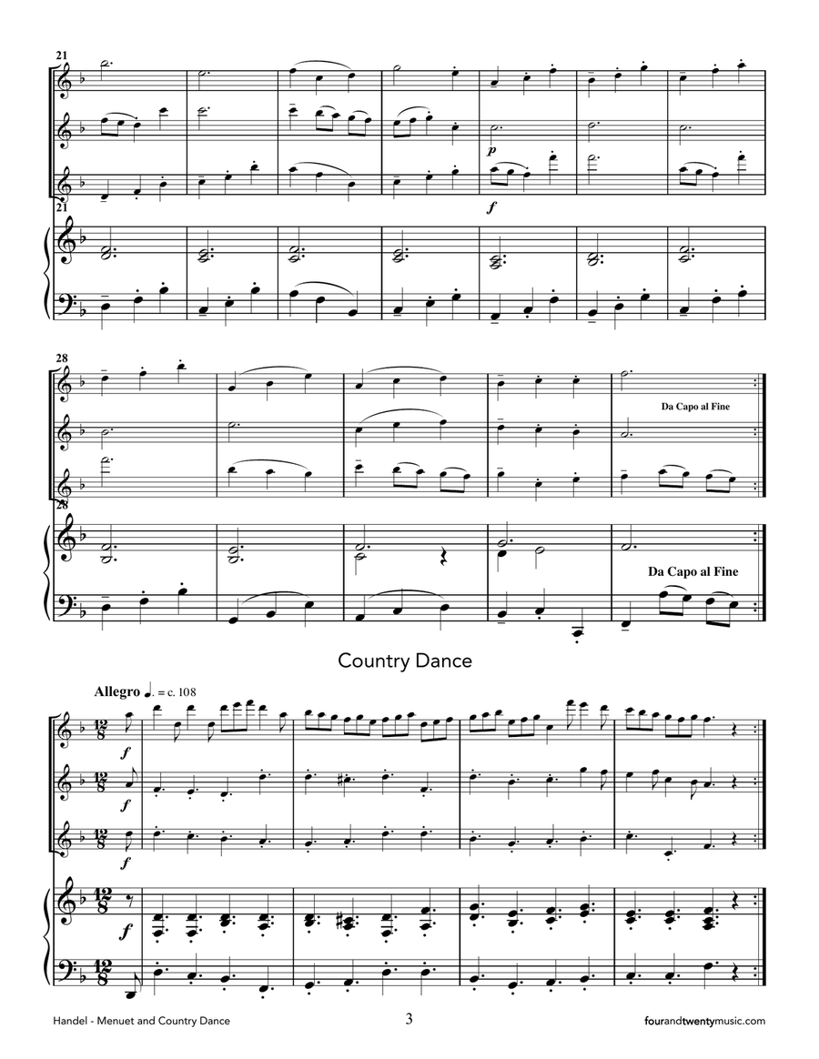 Menuet & Country Dance from the 'Water Music' arranged for three flutes and piano image number null