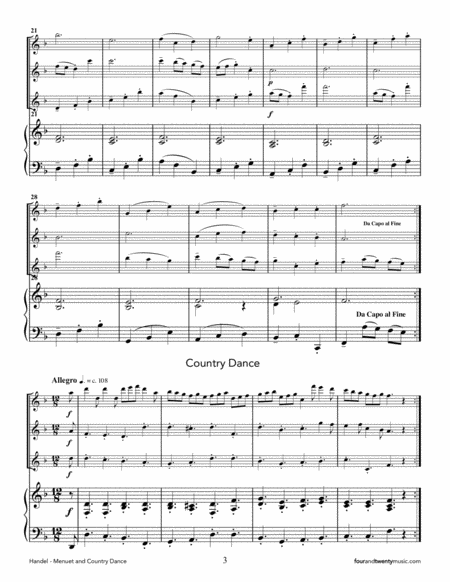 Menuet & Country Dance from the 'Water Music' arranged for three flutes and piano image number null
