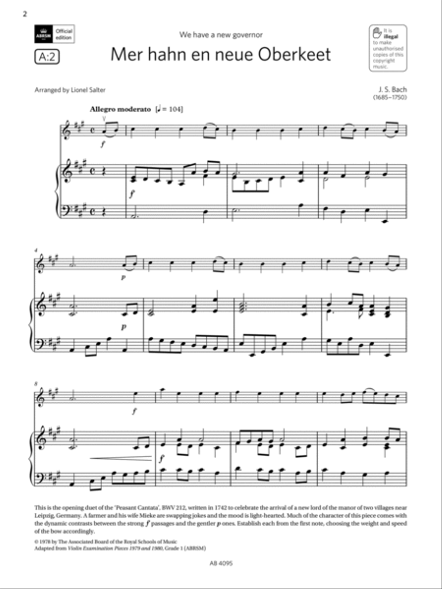 Mer hahn en neue Oberkeet (Grade 1, A2, from the ABRSM Violin Syllabus from 2024) Violin Solo scores gallery preview page 2