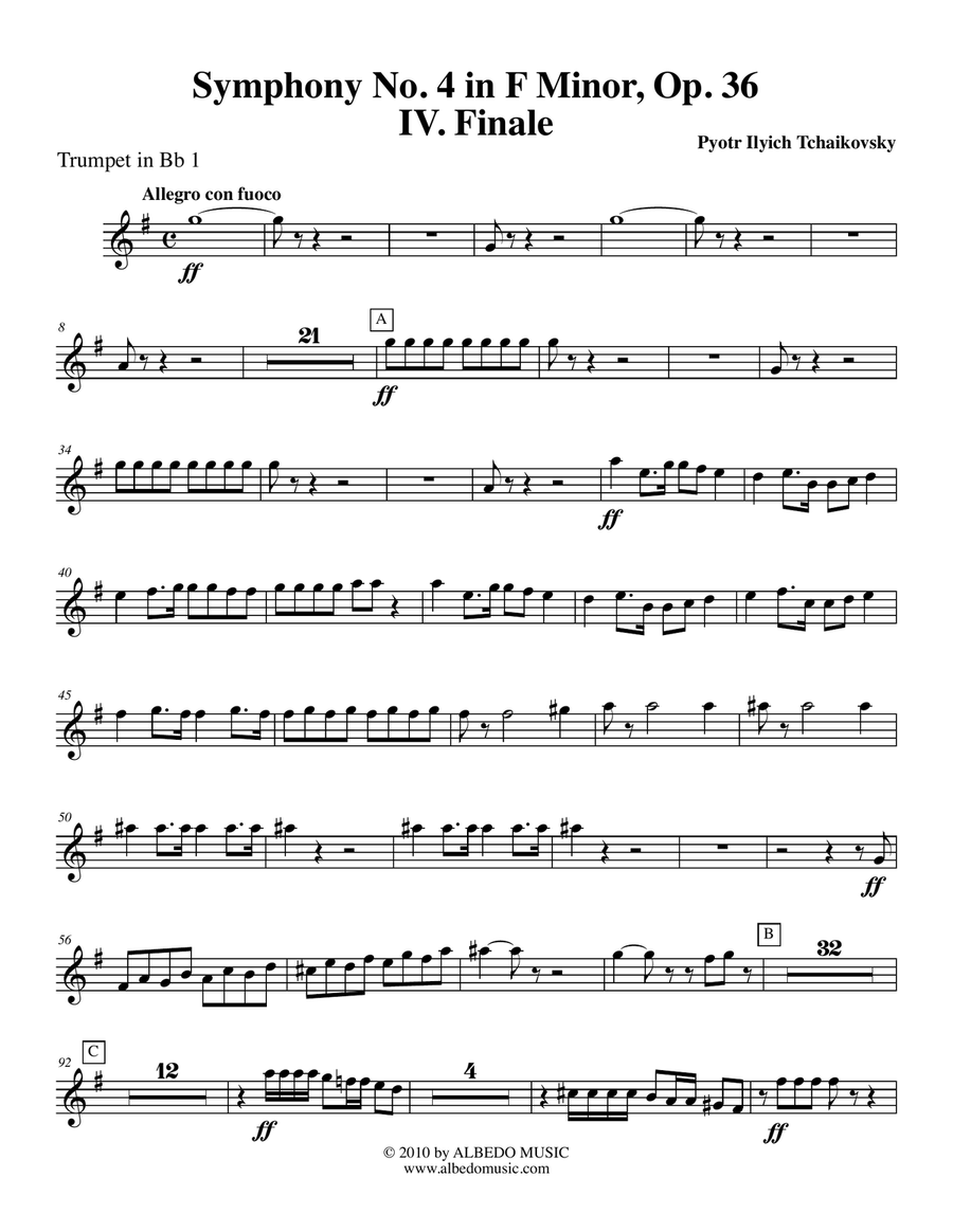 ‪Tchaikovsky‬ Symphony No. 4, Movement IV - Trumpet in Bb 1 (Transposed Part), Op. 36 B-Flat Trumpet scores gallery preview page 1