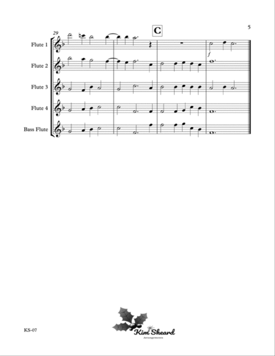 Lo, How a Rose E'er Blooming arranged for 4 C flutes or 3 C flutes and bass flute Flute Quartet scores gallery preview page 6