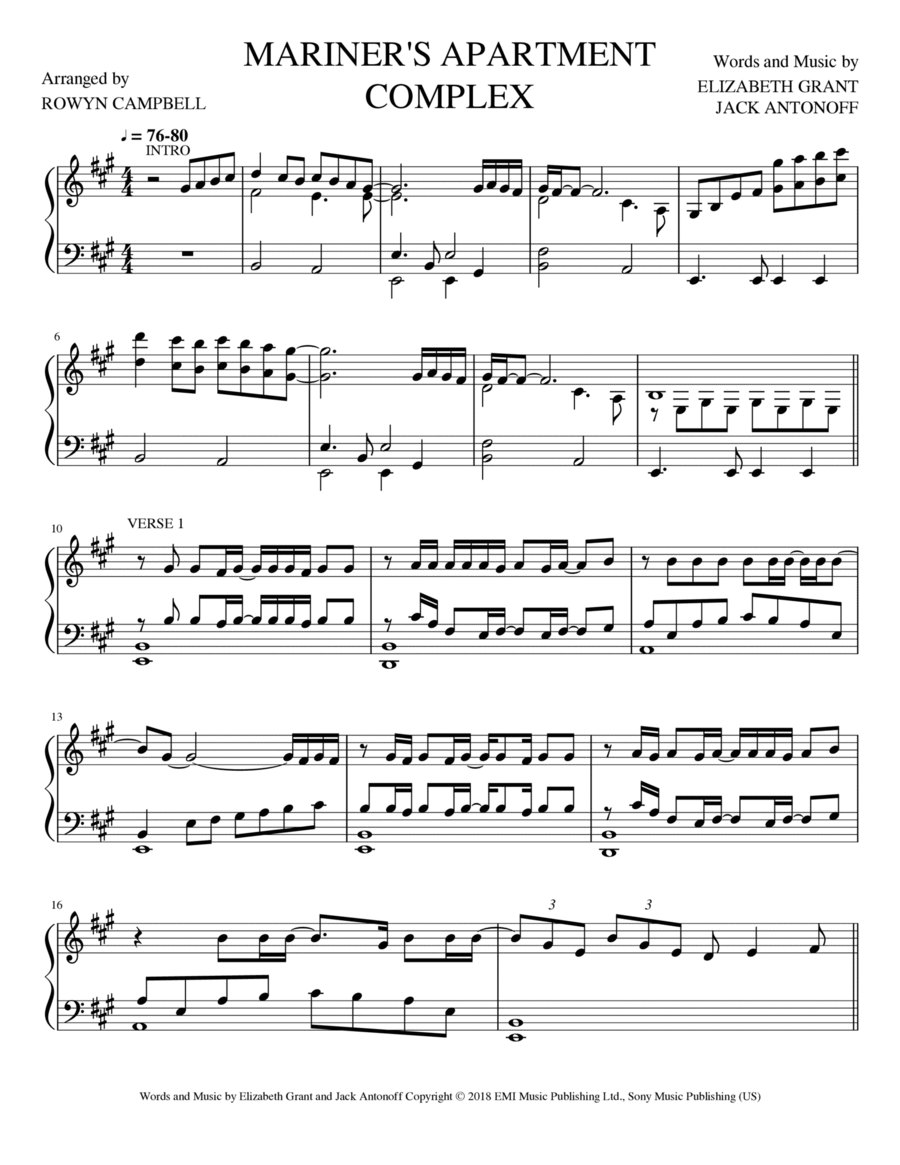 Mariner's Apartment Complex Piano Solo scores gallery preview page 1