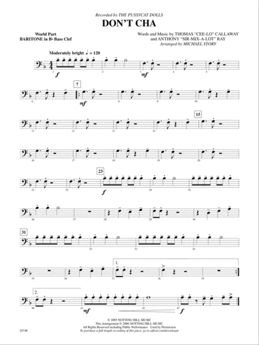 Don't Cha (recorded by The Pussycat Dolls): (World Part) B-flat Baritone B.C. Concert Band scores gallery preview page 1