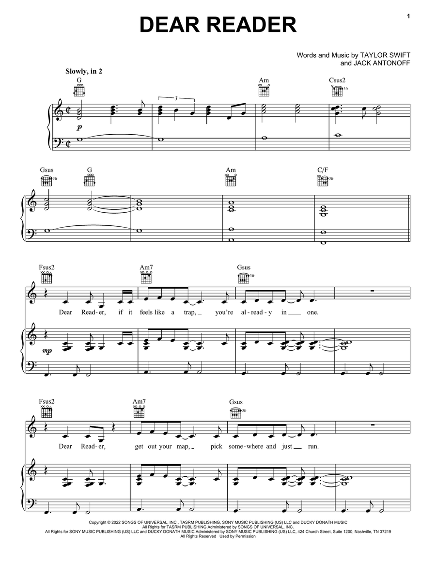 Dear Reader Piano, Vocal, Guitar scores gallery preview page 1